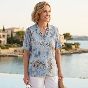 Alfred Dunner Tropical Floral Button Down Blouse Crinkle Chiffon Blue 14